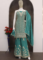 Thumbnail for Vegaa Fashion Turquoise Chinon Silk Embroidered Designer Palazzo Suit