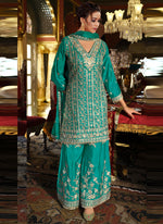 Thumbnail for Vegaa Fashion Turquoise Chinon Silk Embroidered Designer Palazzo Suit