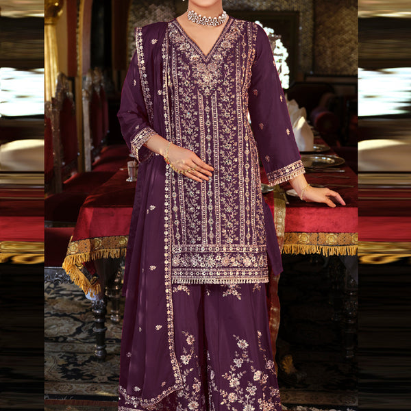 Vegaa Fashion Purple Chinon Silk Embroidered Designer Palazzo Suit