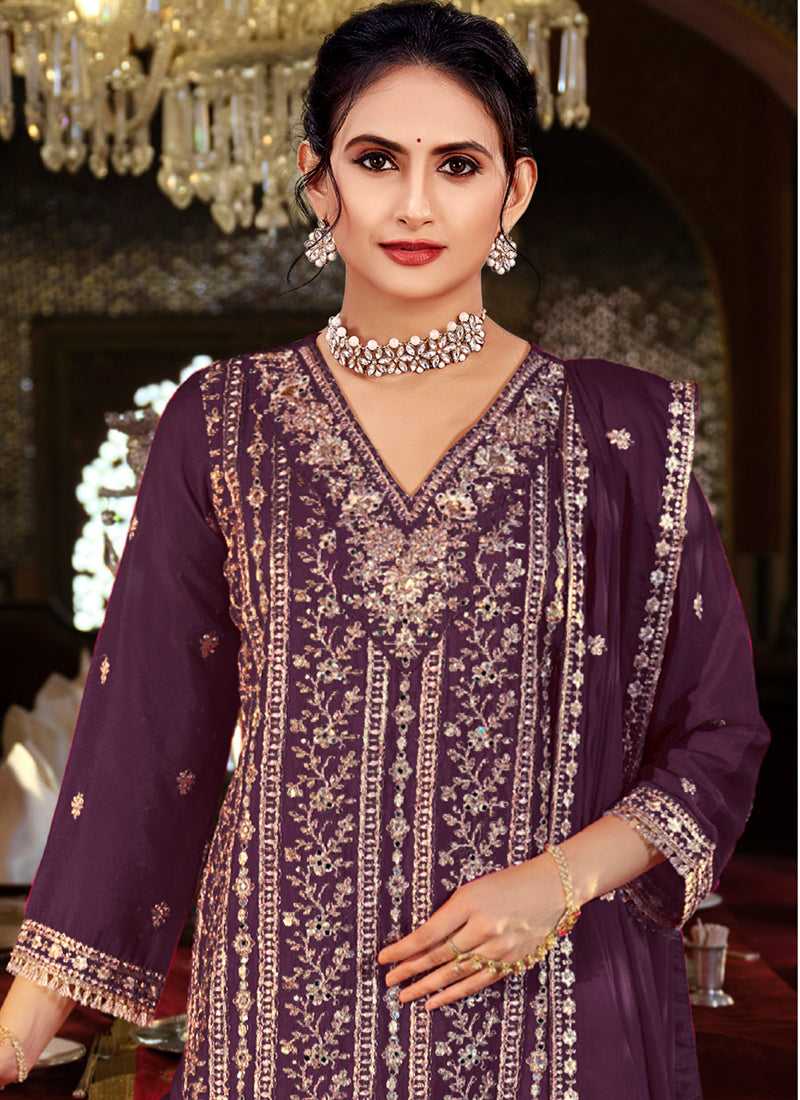 Vegaa Fashion Purple Chinon Silk Embroidered Designer Palazzo Suit