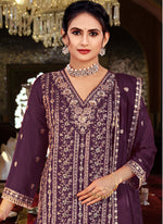 Thumbnail for Vegaa Fashion Purple Chinon Silk Embroidered Designer Palazzo Suit