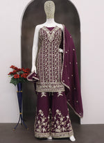 Thumbnail for Vegaa Fashion Purple Chinon Silk Embroidered Designer Palazzo Suit