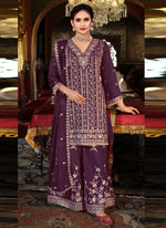 Thumbnail for Vegaa Fashion Purple Chinon Silk Embroidered Designer Palazzo Suit
