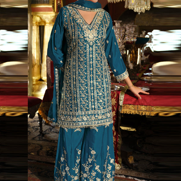 Vegaa Fashion Blue Chinon Silk Embroidered Designer Palazzo Suit