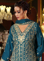 Thumbnail for Vegaa Fashion Blue Chinon Silk Embroidered Designer Palazzo Suit