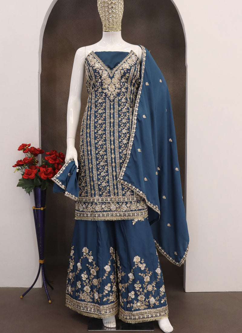 Vegaa Fashion Blue Chinon Silk Embroidered Designer Palazzo Suit