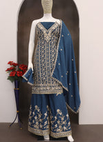 Thumbnail for Vegaa Fashion Blue Chinon Silk Embroidered Designer Palazzo Suit