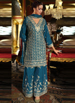 Thumbnail for Vegaa Fashion Blue Chinon Silk Embroidered Designer Palazzo Suit