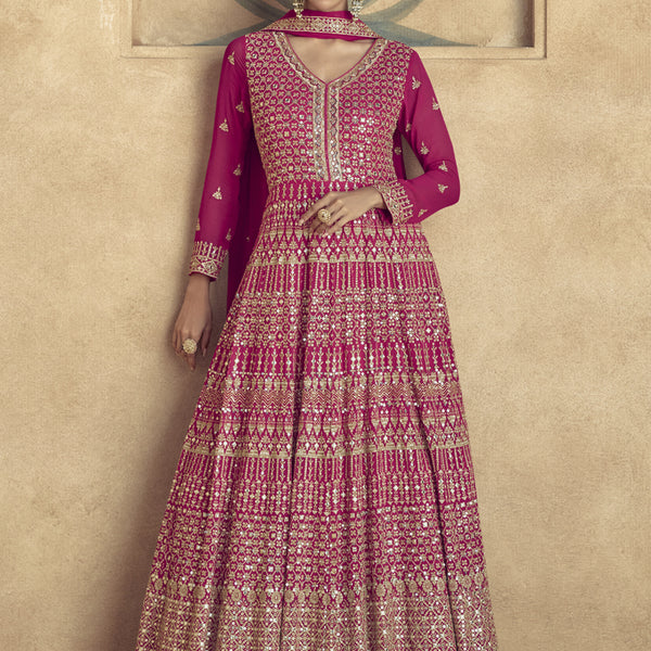 Vegaa Fashion Pink Real Georgette Embroidered Anarkali Suit - Distacart