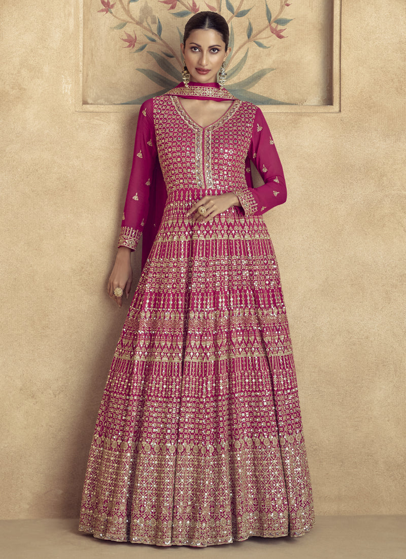 Vegaa Fashion Pink Real Georgette Embroidered Anarkali Suit - Distacart