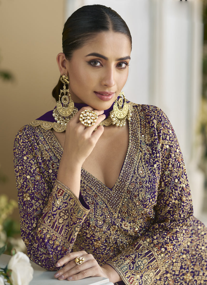 Vegaa Fashion Violet Real Georgette Embroidered Palazzo Suit