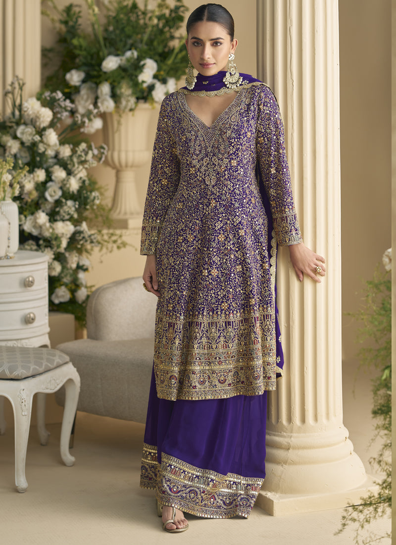 Vegaa Fashion Violet Real Georgette Embroidered Palazzo Suit