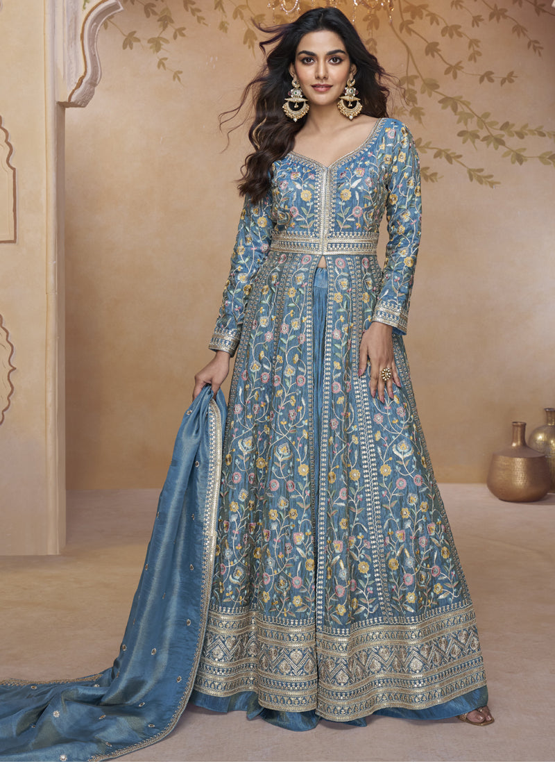 Vegaa Fashion Sky Blue Simar Silk Embroidered Wedding Wear Lehenga Style Suit