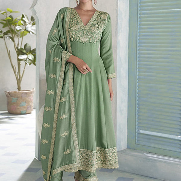 Vegaa Fashion Parrot Green Premium Silk Embroidered Sequence Anarkali Suit