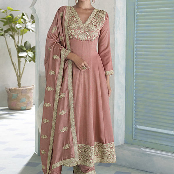 Vegaa Fashion Peach Premium Silk Embroidered Sequence Anarkali Suit