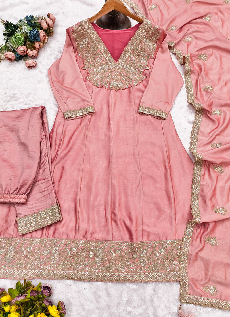 Vegaa Fashion Peach Premium Silk Embroidered Sequence Anarkali Suit