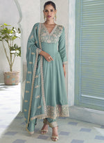 Thumbnail for Vegaa Fashion Sky Blue Premium Silk Embroidered Sequence Anarkali Suit - Distacart