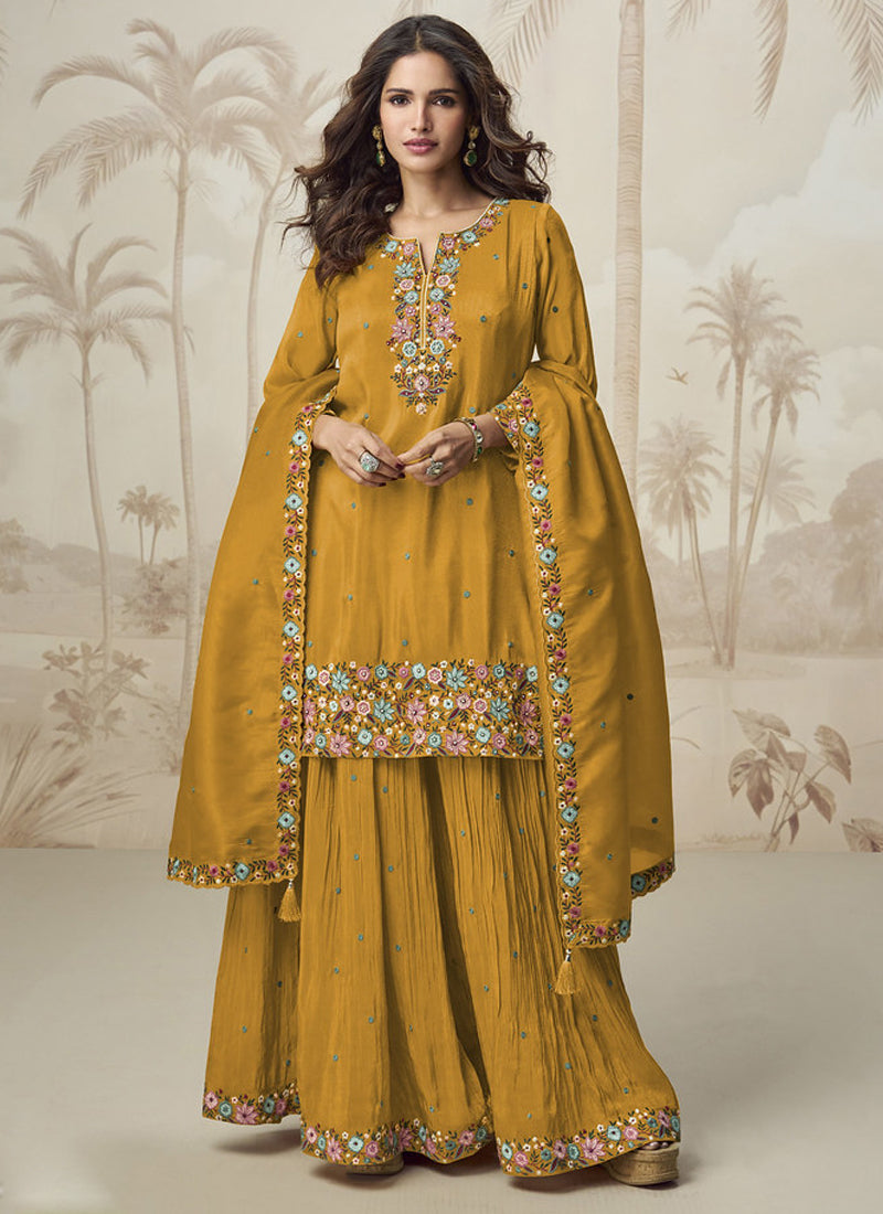 Vegaa Fashion Yellow Simar Silk Embroidered Palazzo Suit