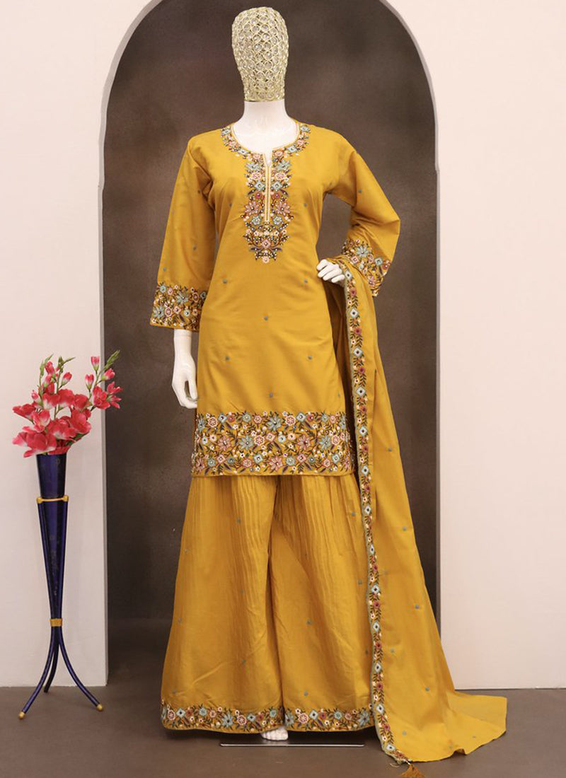 Vegaa Fashion Yellow Simar Silk Embroidered Palazzo Suit