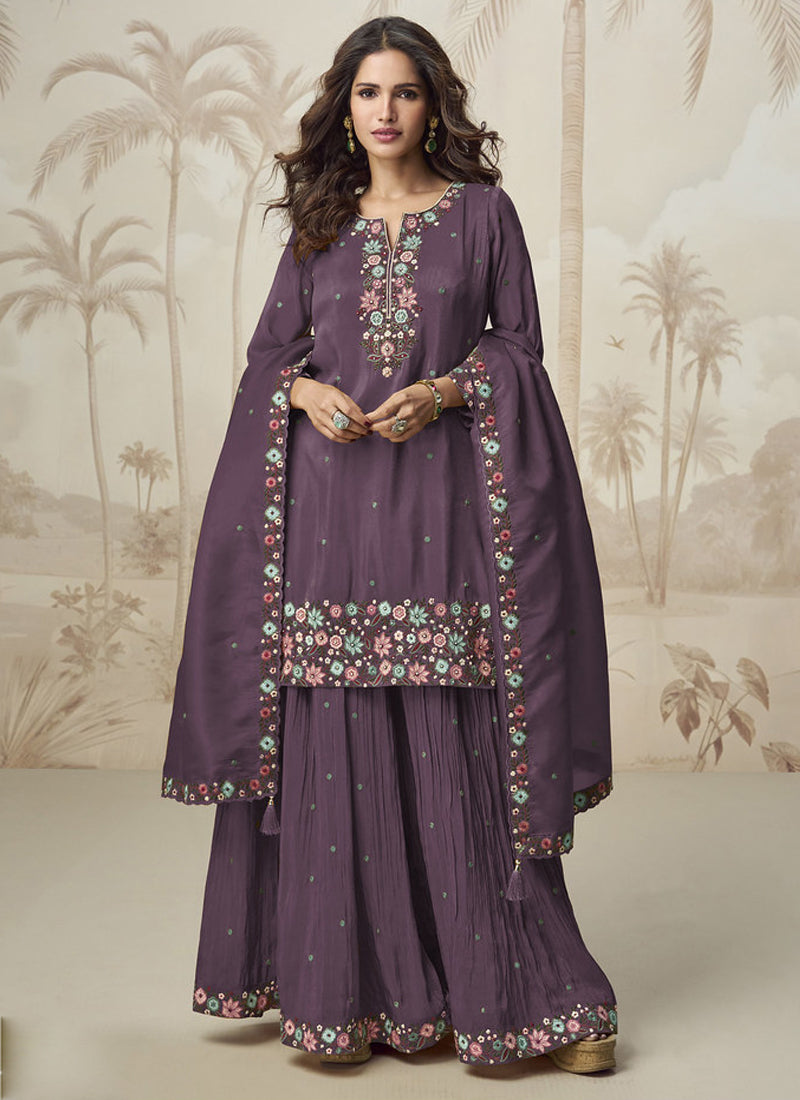 Vegaa Fashion Violet Simar Silk Embroidered Palazzo Suit