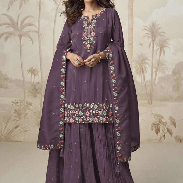 Vegaa Fashion Violet Simar Silk Embroidered Palazzo Suit - Distacart
