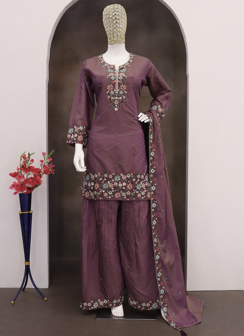 Vegaa Fashion Violet Simar Silk Embroidered Palazzo Suit