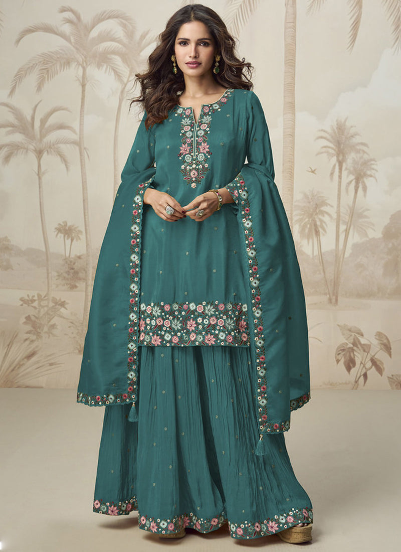 Vegaa Fashion Turquoise Simar Silk Embroidered Palazzo Suit