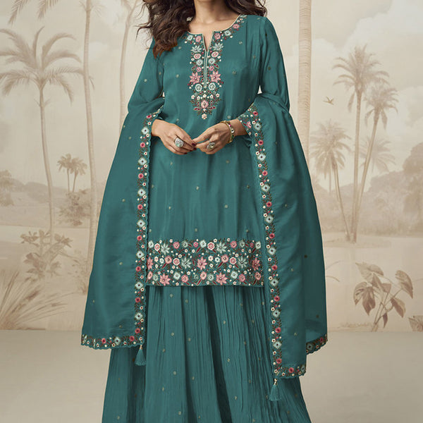 Vegaa Fashion Turquoise Simar Silk Embroidered Palazzo Suit - Distacart