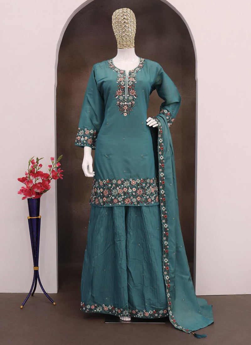 Vegaa Fashion Turquoise Simar Silk Embroidered Palazzo Suit