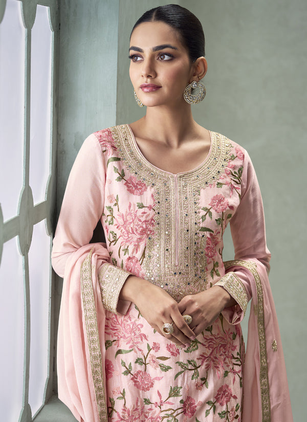 Vegaa Fashion Baby Pink Chinon Silk Embroidered Palazzo Suit