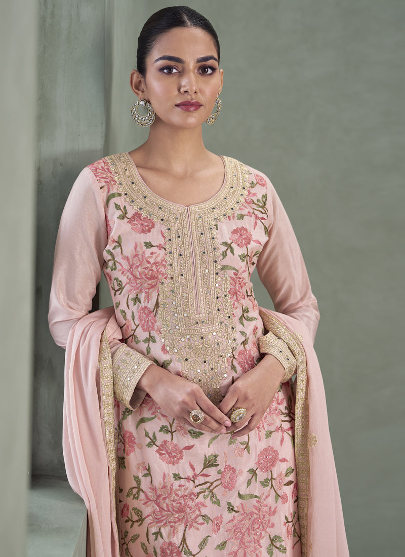 Vegaa Fashion Baby Pink Chinon Silk Embroidered Palazzo Suit