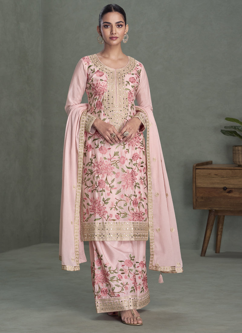 Vegaa Fashion Baby Pink Chinon Silk Embroidered Palazzo Suit
