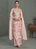 Thumbnail for Vegaa Fashion Baby Pink Chinon Silk Embroidered Palazzo Suit