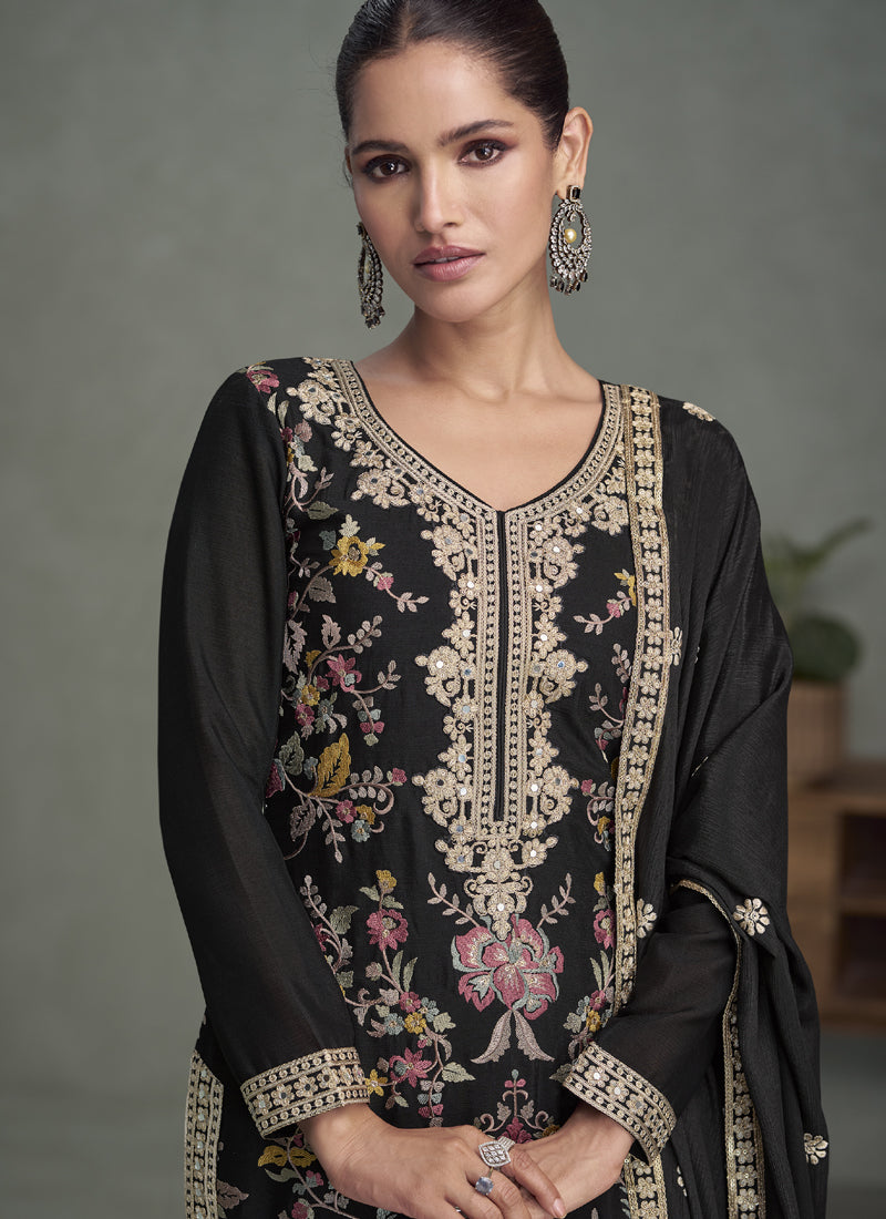 Vegaa Fashion Black Chinon Silk Embroidered Palazzo Suit