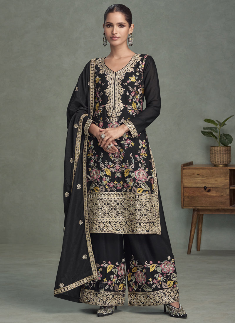 Vegaa Fashion Black Chinon Silk Embroidered Palazzo Suit