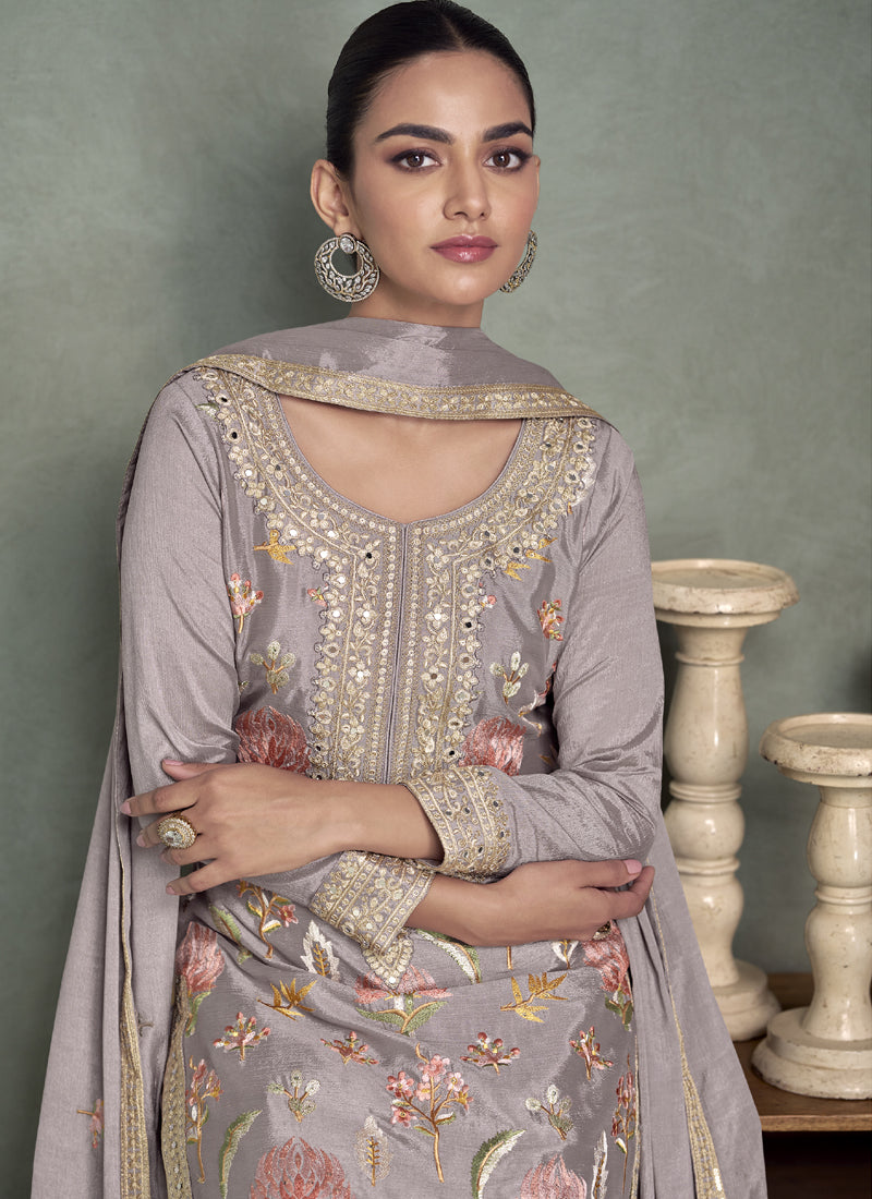 Vegaa Fashion Grey Chinon Silk Embroidered Palazzo Suit