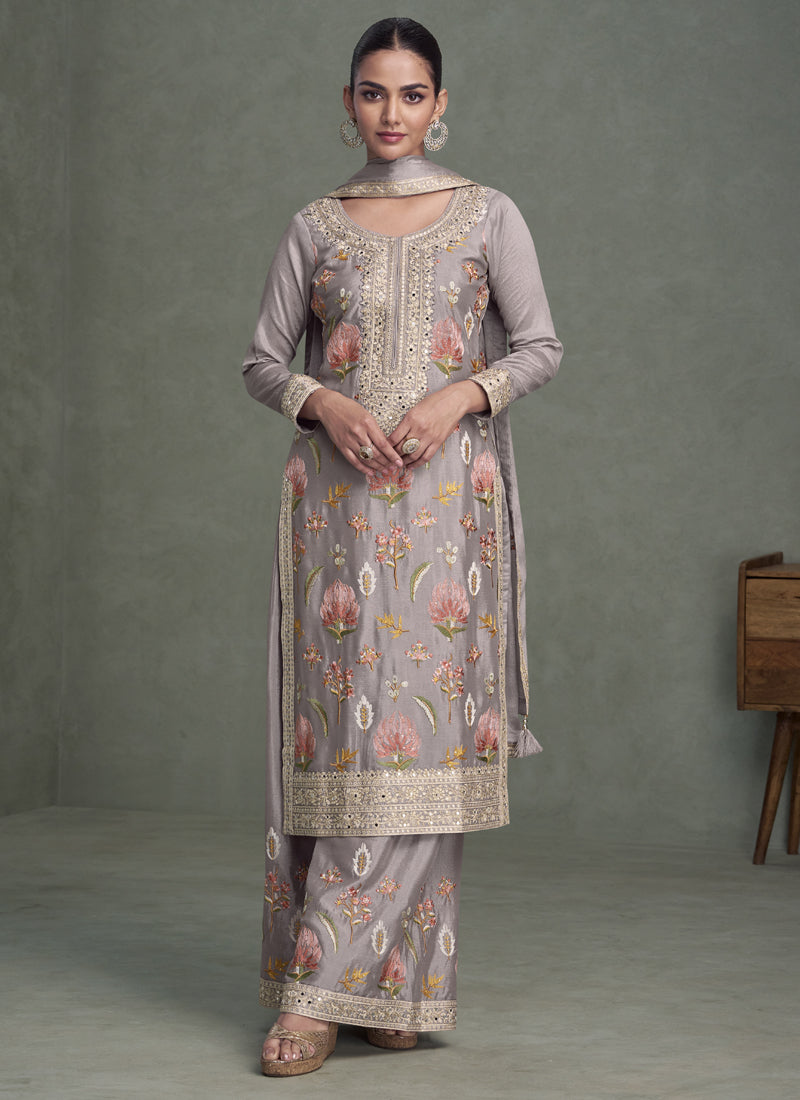 Vegaa Fashion Grey Chinon Silk Embroidered Palazzo Suit