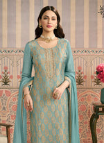 Thumbnail for Vegaa Fashion Light Blue Jacquard Silk Hand Work Designer Salwar Suit - Distacart
