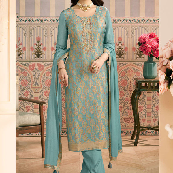 Vegaa Fashion Light Blue Jacquard Silk Hand Work Designer Salwar Suit - Distacart
