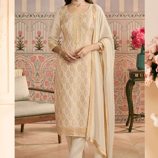 Vegaa Fashion Off White Jacquard Silk Hand Work Designer Salwar Suit - Distacart