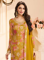 Thumbnail for Vegaa Fashion Yellow Chinon Silk Embroidered Digital Print Designer Salwar Suit - Distacart