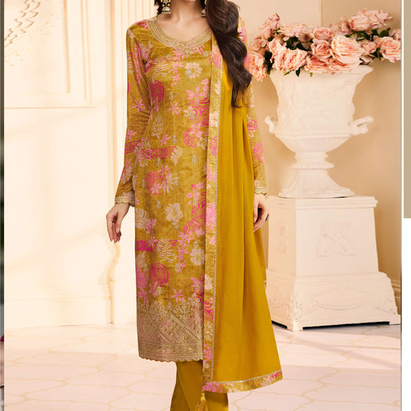 Vegaa Fashion Yellow Chinon Silk Embroidered Digital Print Designer Salwar Suit - Distacart