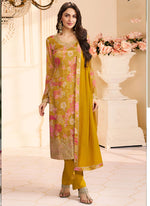Thumbnail for Vegaa Fashion Yellow Chinon Silk Embroidered Digital Print Designer Salwar Suit - Distacart