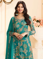 Thumbnail for Vegaa Fashion Turquoise Chinon Silk Embroidered Digital Print Designer Salwar Suit - Distacart