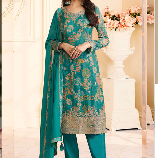 Vegaa Fashion Turquoise Chinon Silk Embroidered Digital Print Designer Salwar Suit - Distacart