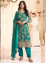 Thumbnail for Vegaa Fashion Turquoise Chinon Silk Embroidered Digital Print Designer Salwar Suit - Distacart