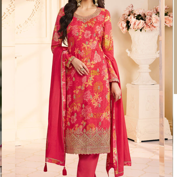 Vegaa Fashion Red Chinon Silk Embroidered Digital Print Designer Salwar Suit - Distacart