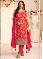 Thumbnail for Vegaa Fashion Red Chinon Silk Embroidered Digital Print Designer Salwar Suit - Distacart