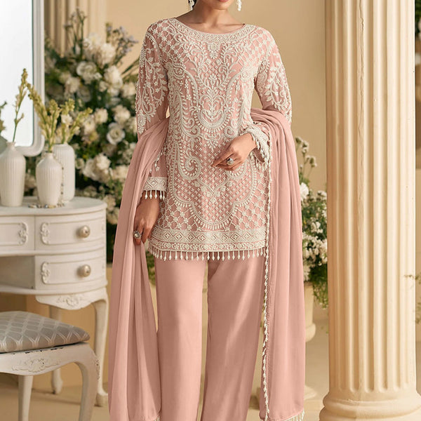 Vegaa Fashion Light Peach Georgette Embroidered Beads Designer Salwar Suit