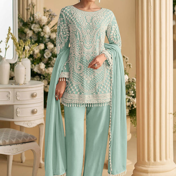 Vegaa Fashion Light Sky Blue Georgette Embroidered Beads Designer Salwar Suit